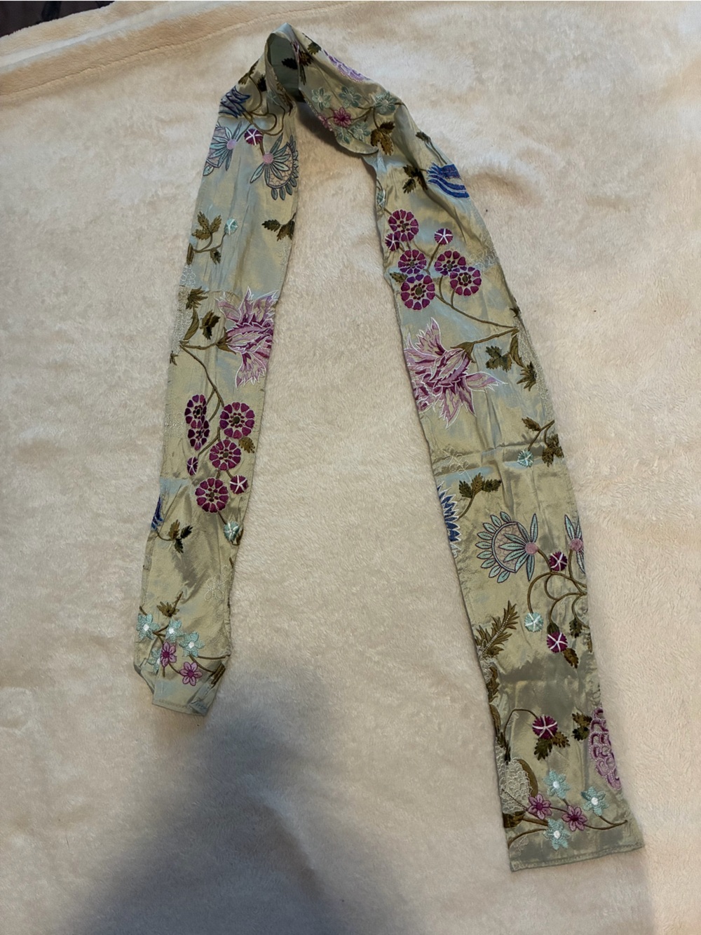 Parisian Embroidered Floral Silk Scarf in Sage Green